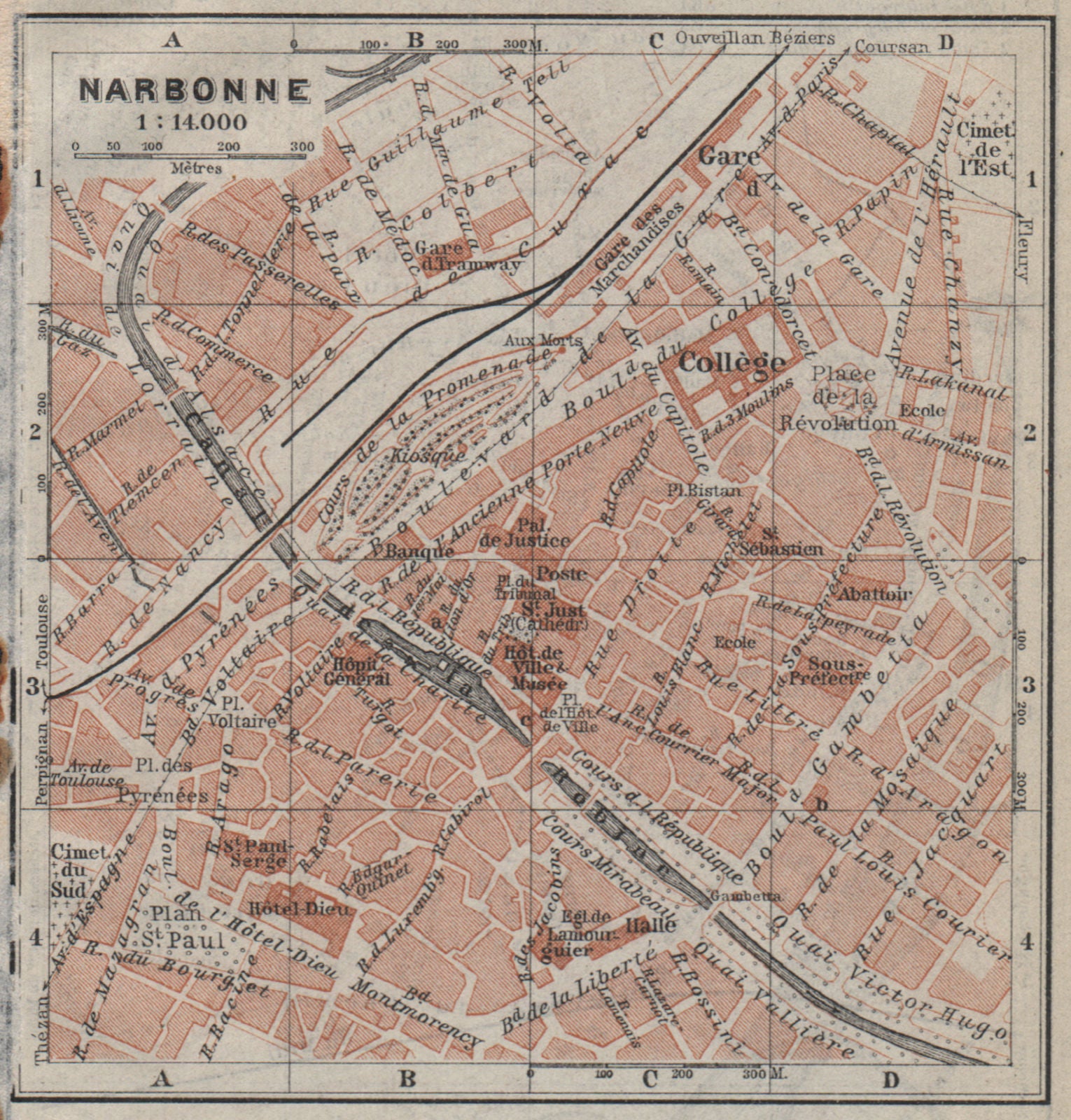NARBONNE antique town city plan de la ville. Aude carte BAEDEKER. SMALL 1914 map